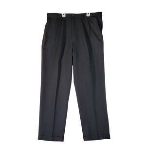 Claiborne Mens Stretch Herringbone Pleated Cuffed Dress Pants Black 38x32 NEW